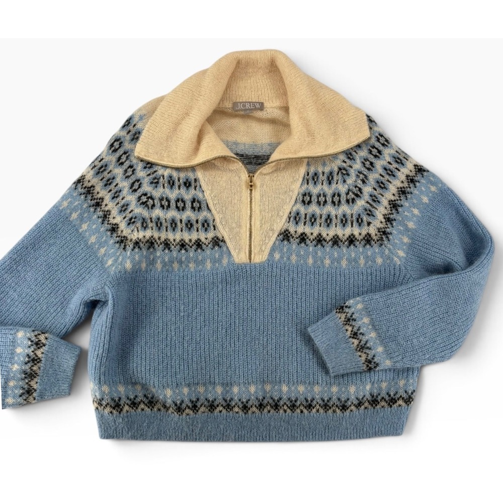 J. Crew Fair Isle Sweater Women XL Blue Nordic Ski Cabin Wear Quarter Zip